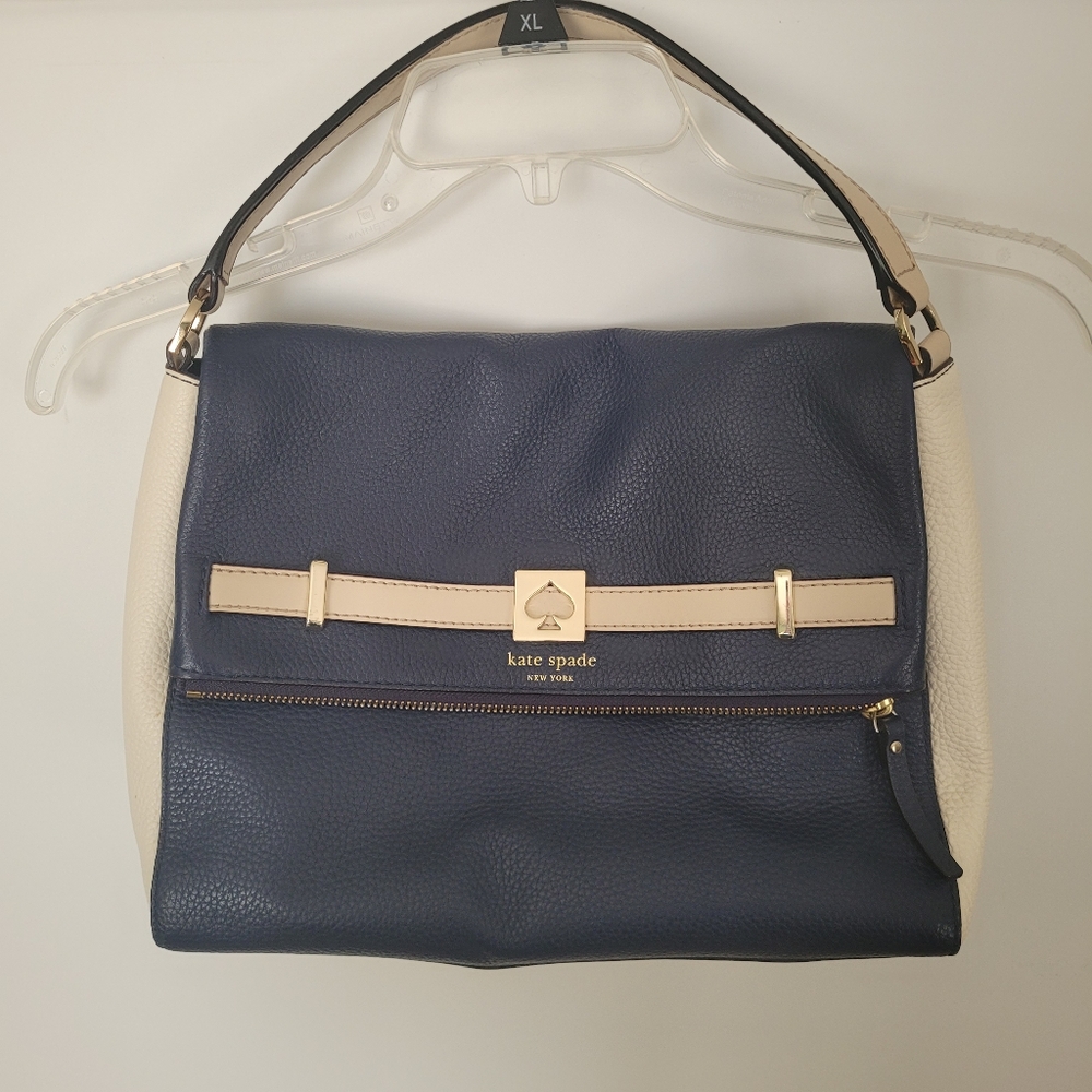 Kate Spade Navy Cream Leather Foldover Hand Bag Preppy Nautical